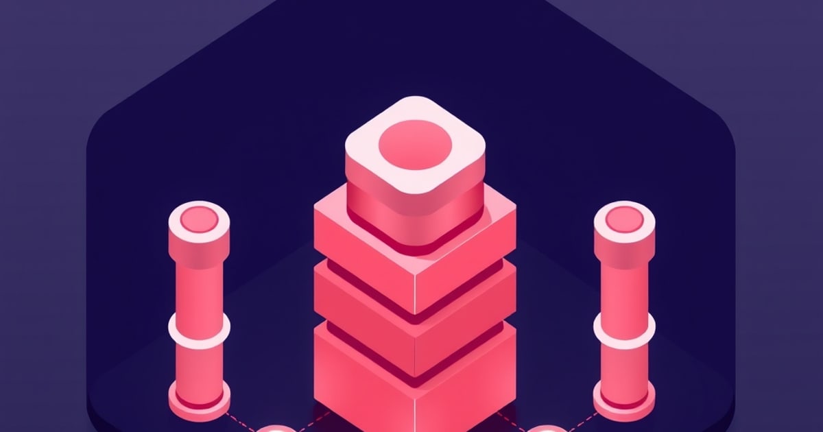 Isometric coral-pink stack of blocks topped by a rounded cap, flanked by two slim pillars linked by dashed lines on a dark navy hexagon, evoking a lean RAG pipeline