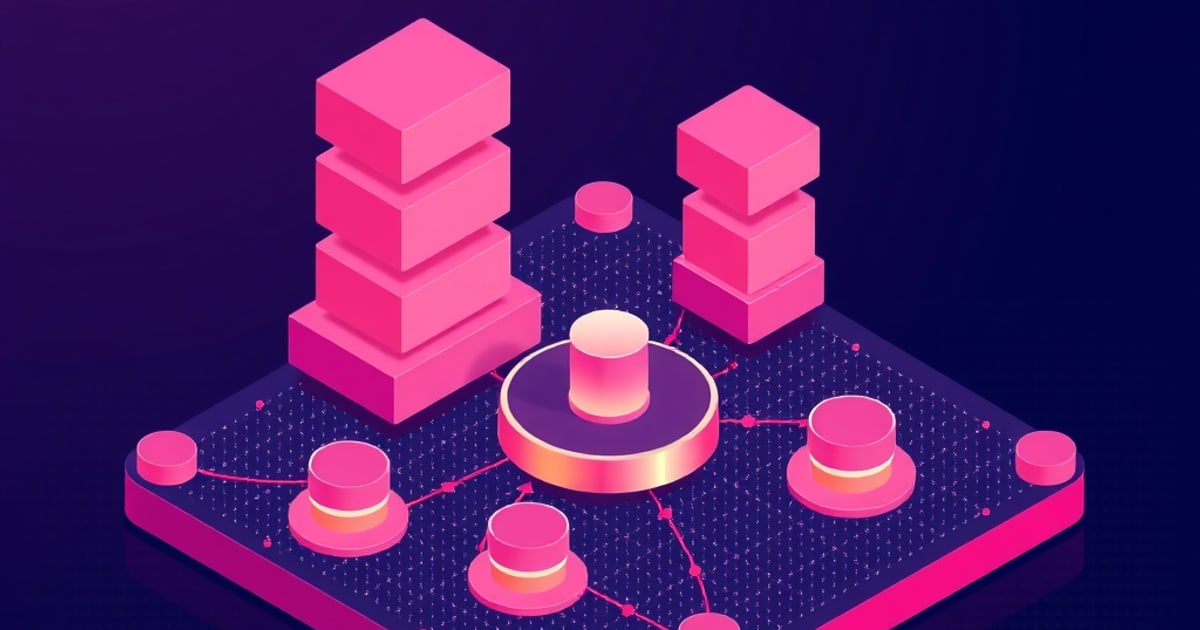 Pink isometric server stacks and cylindrical nodes connected by glowing lines on a dark dotted platform, evoking local model storage and data flowing between chained tools and embeddings.