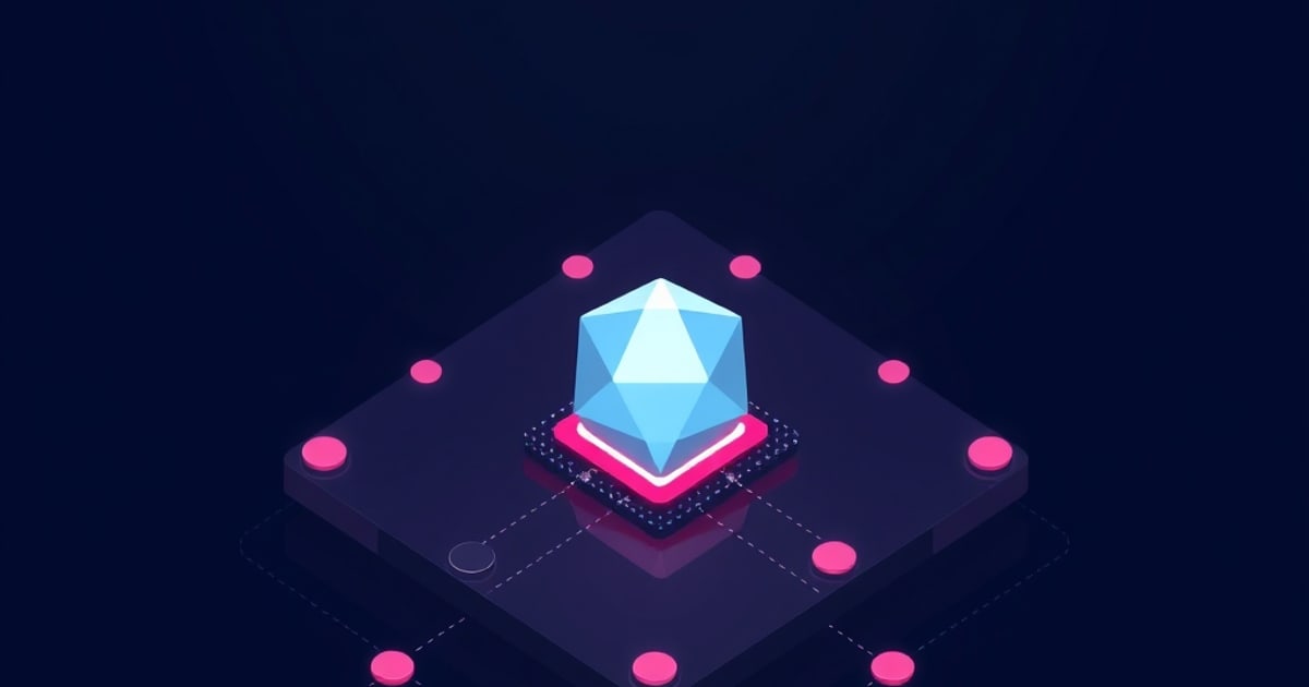 Flat isometric illustration of a pale blue faceted icosahedron on a glowing pink pad, centred on a dark slab ringed by pink dots and dashed links.
