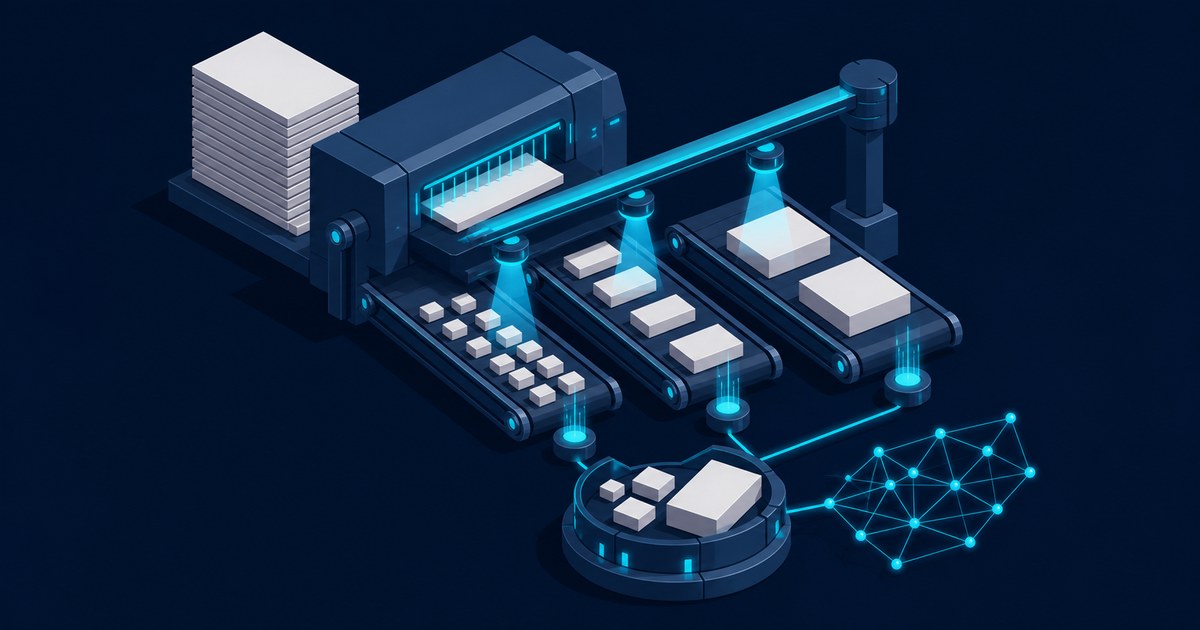 Isometric automated conveyor sorts white blocks into groups beneath cyan scanners, visualizing chunking and retrieval through a linked network.