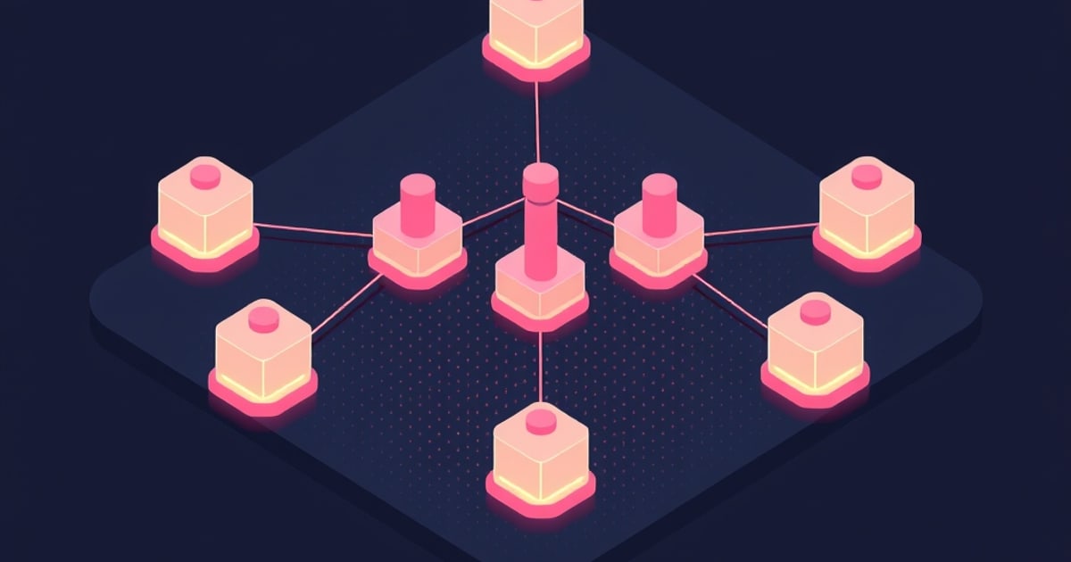 A dark isometric diagram shows one glowing pink central node linked by thin lines to eight surrounding cube and cylinder nodes, evoking connected memory stores in an AI system.