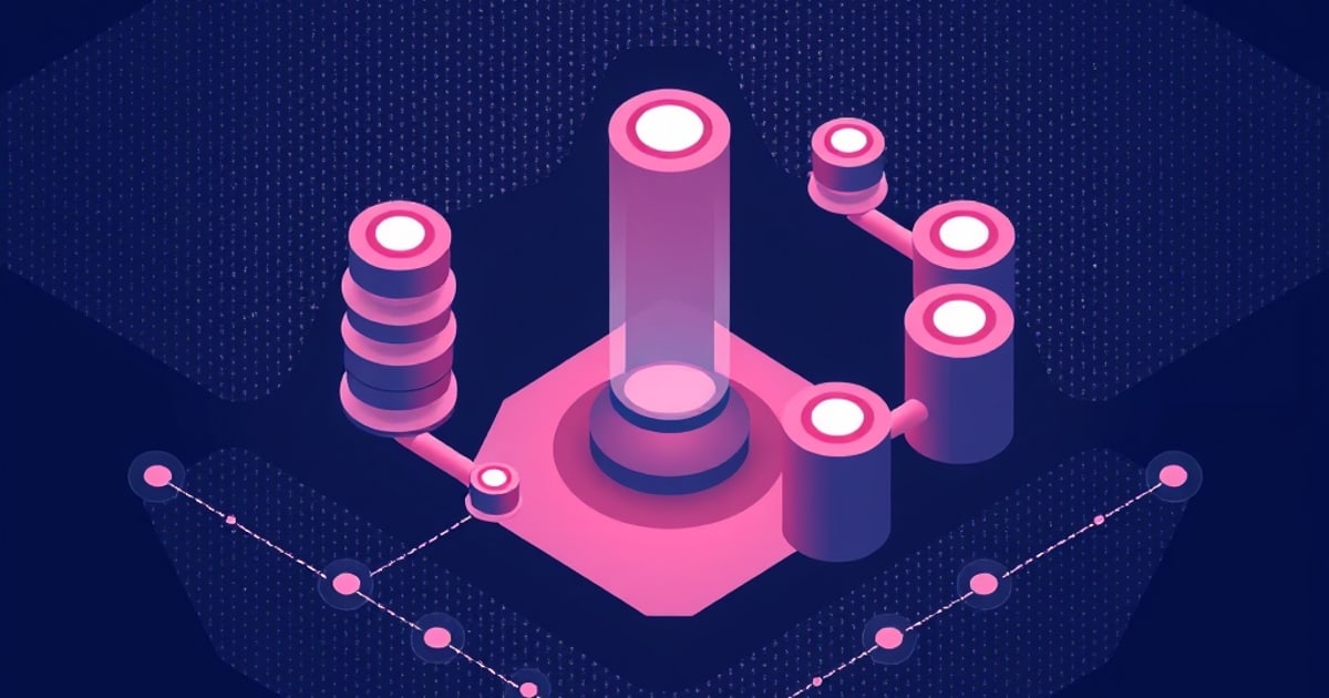 Flat isometric illustration of a glowing pink cylinder on a hexagonal platform, piped to stacked disc columns and dotted node links on deep navy.