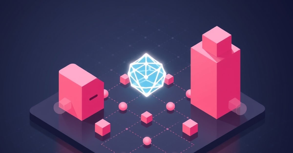 Flat isometric illustration of a glowing blue wireframe polyhedron between two pink block towers, with small pink cubes and spheres on a dark slab.